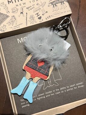 New / Unused Min & Mon Grey Fur Monster Keychain w / Heart and Blue Boots